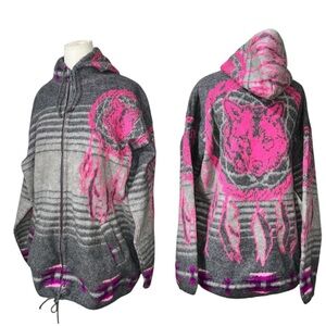 Handmade 100% Wool zip Hoodie Sweater in Gray & Pink with Wolf Dream catchers